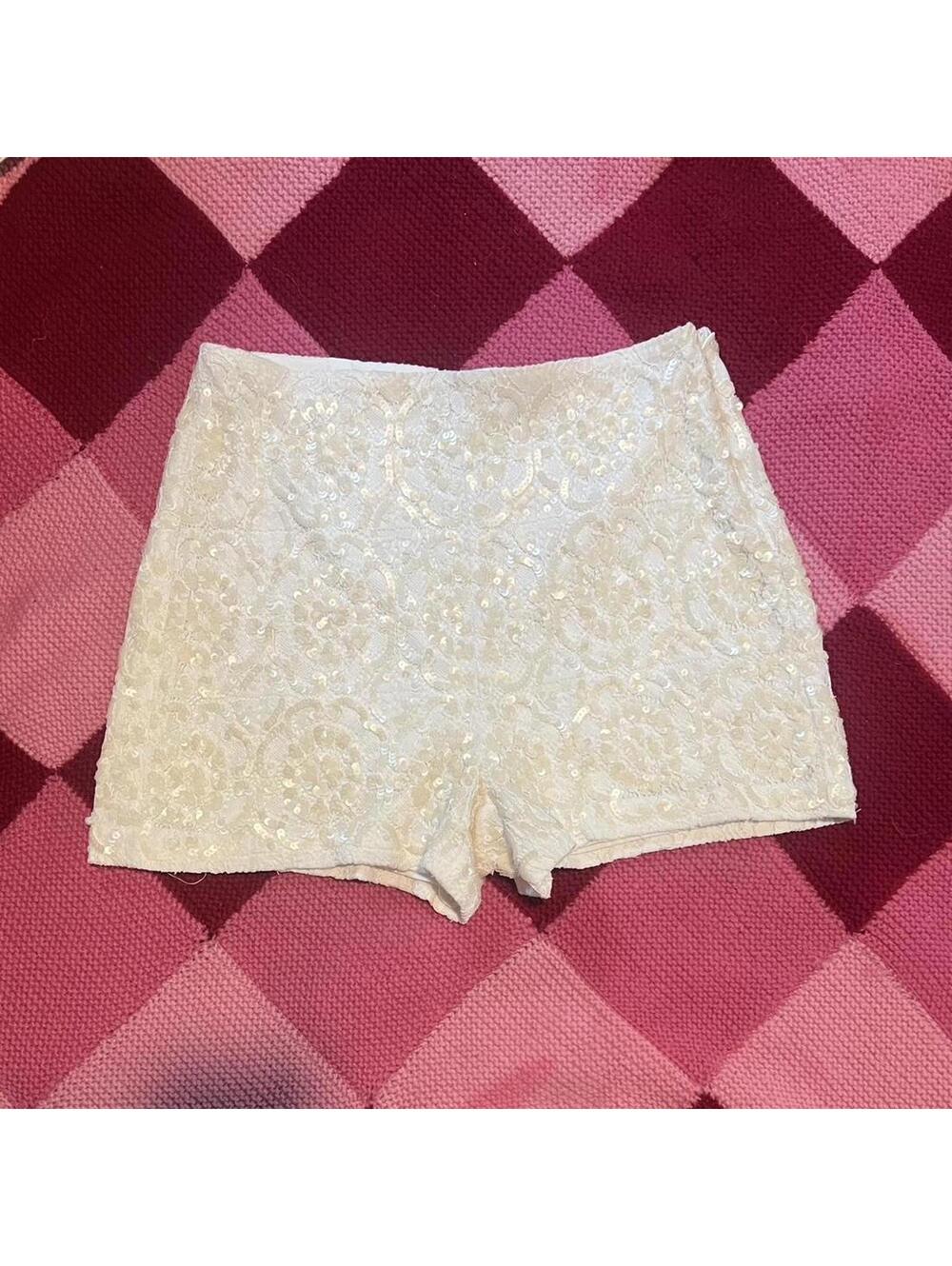 white lace sequin sparkly high waisted shorts
